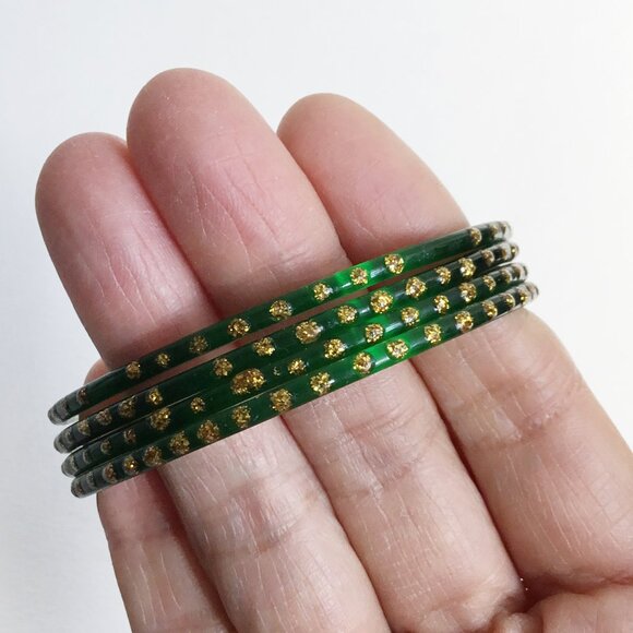 Green & Gold Glitter Children's Indian Glass Bangles Bollywood Set of 4 - Picture 5 of 6